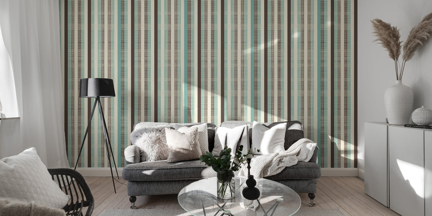 Retro Fabric Green Brown Stripe Wallpaper