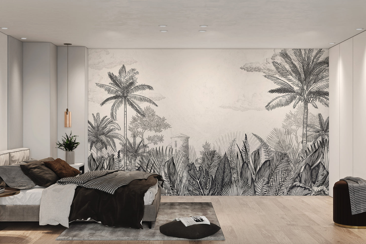 Vintage Tropical Botanical Monochrome Mural