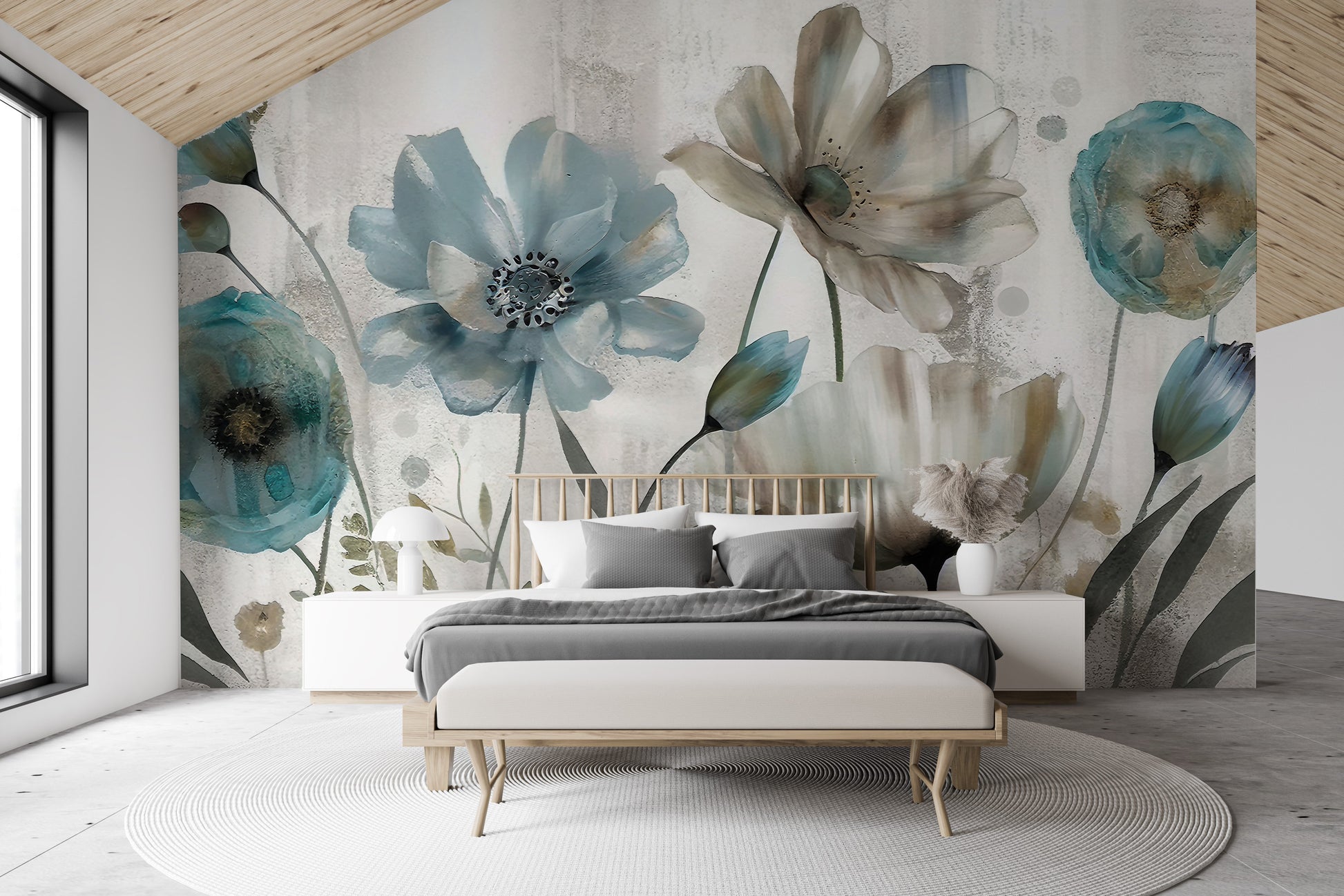 Blue and beige flower mural with delicate petal details
