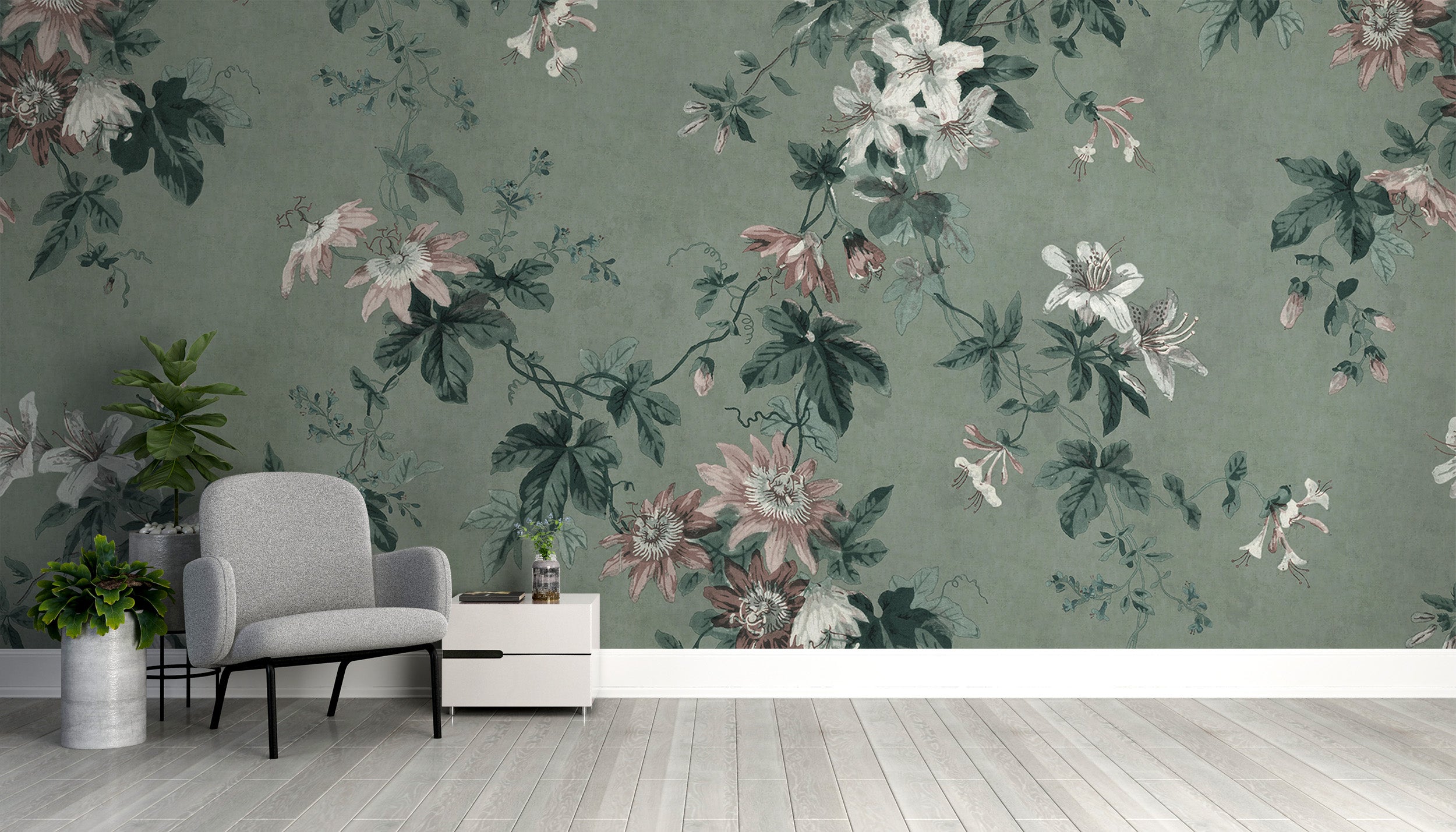 Green chinoiserie wallpaper with a vintage-inspired style
