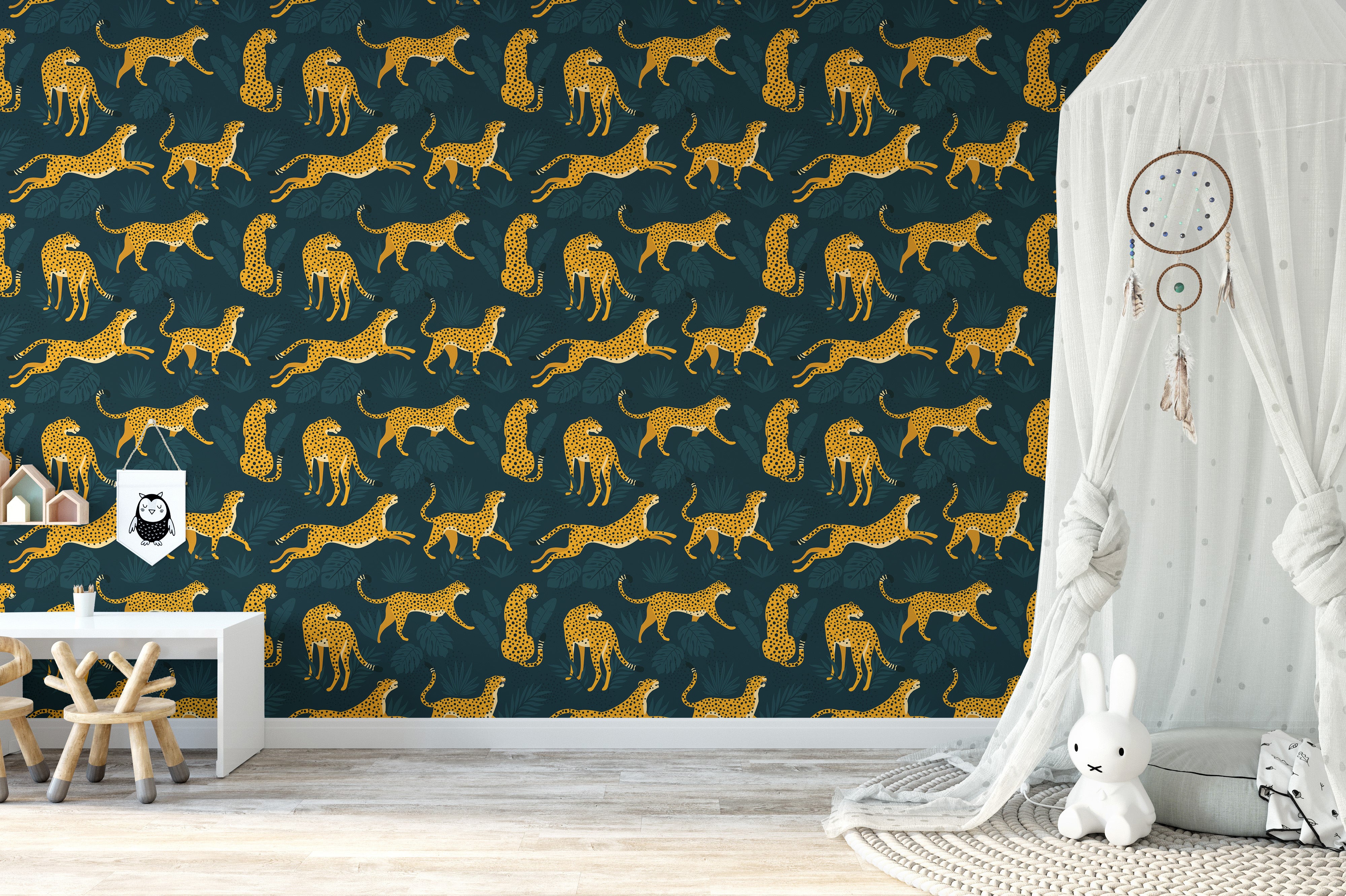 Luxe yellow leopard print wallpaper mural style
