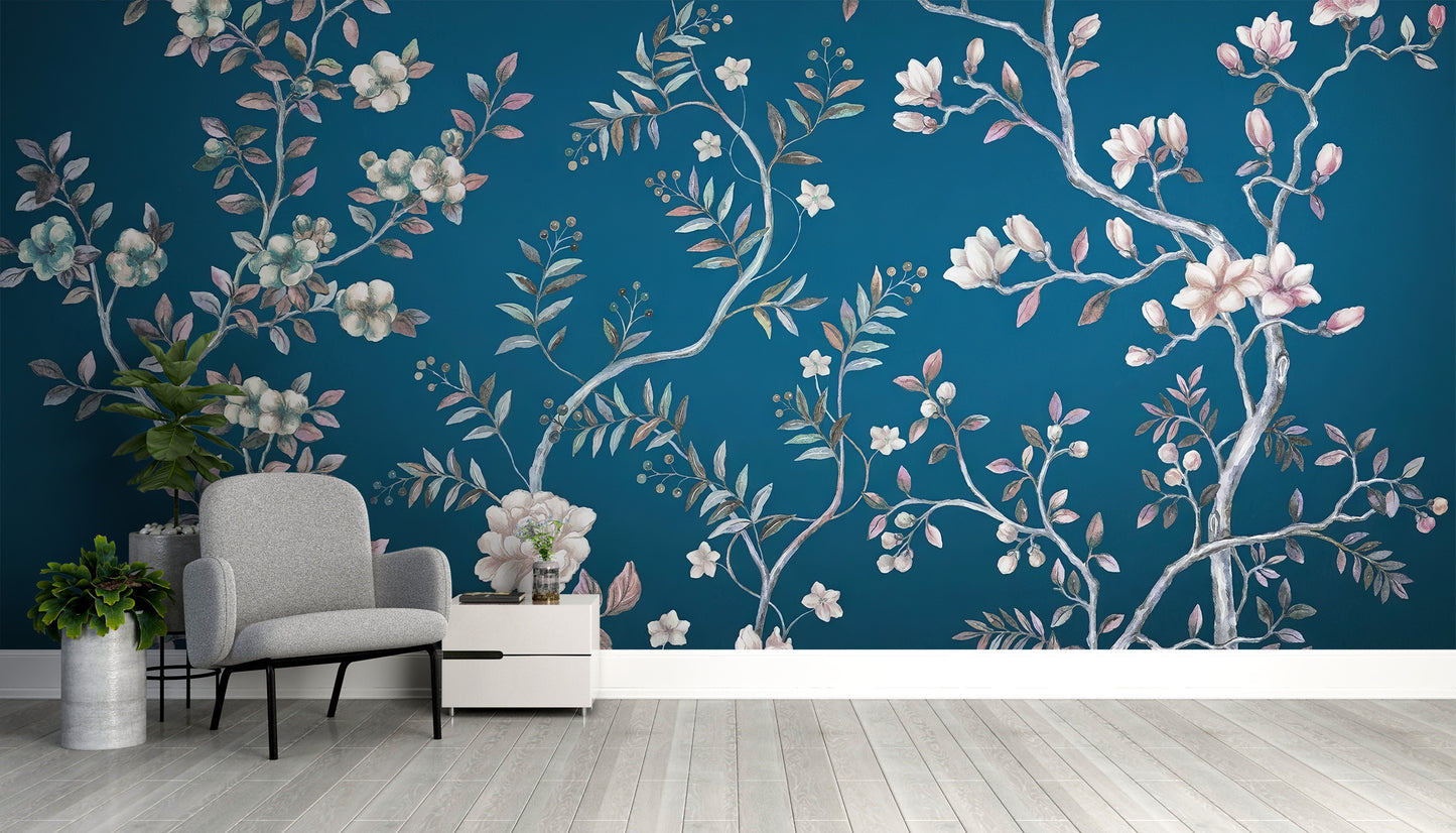 Luxurious blue chinoiserie mural for timeless aesthetics
