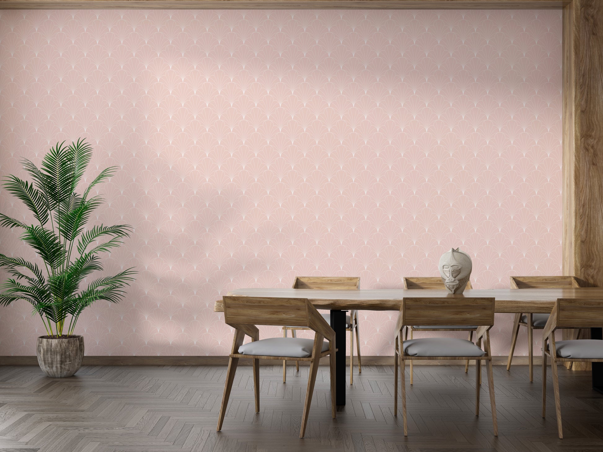 Art deco-inspired soft pink wallpaper design
