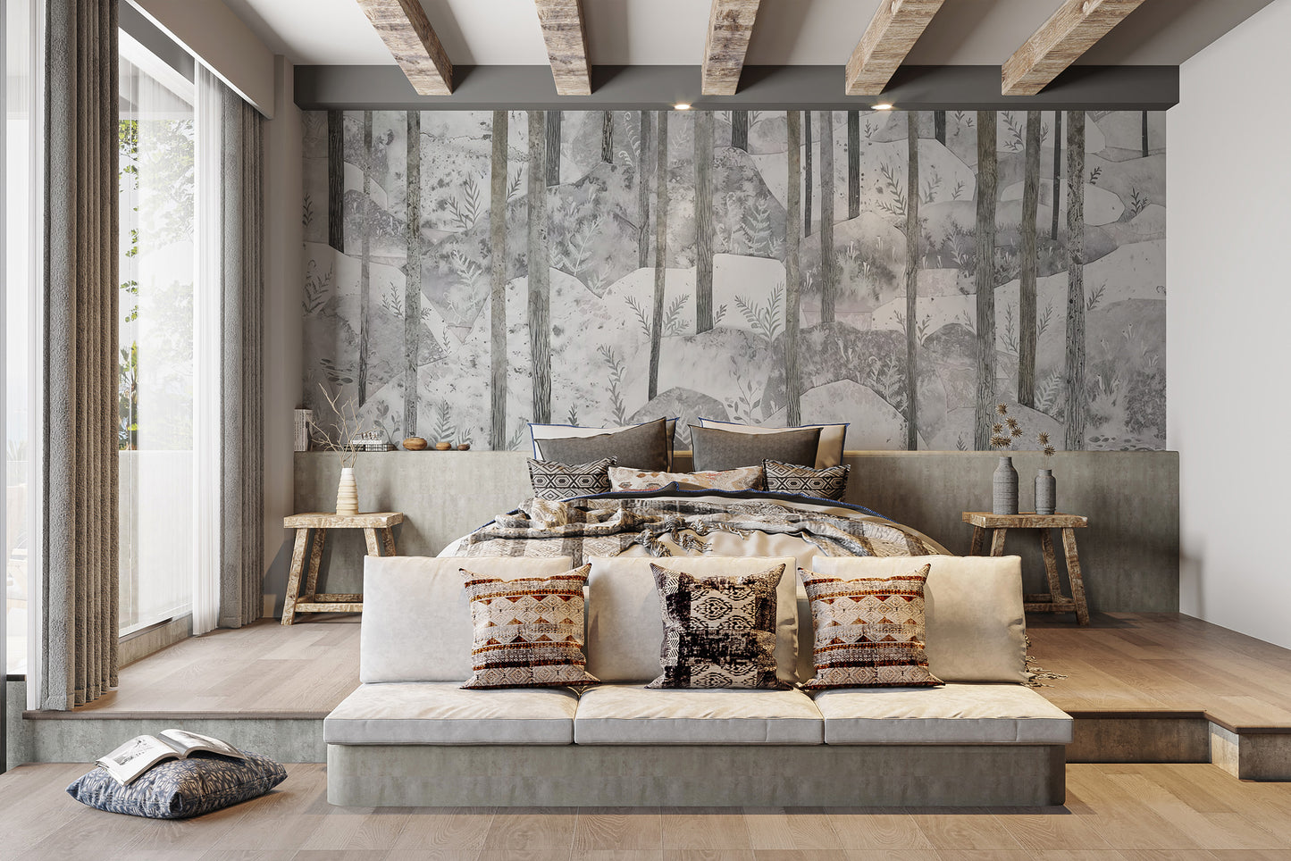 Temporary grey forest woodland wallpaper for calming rooms