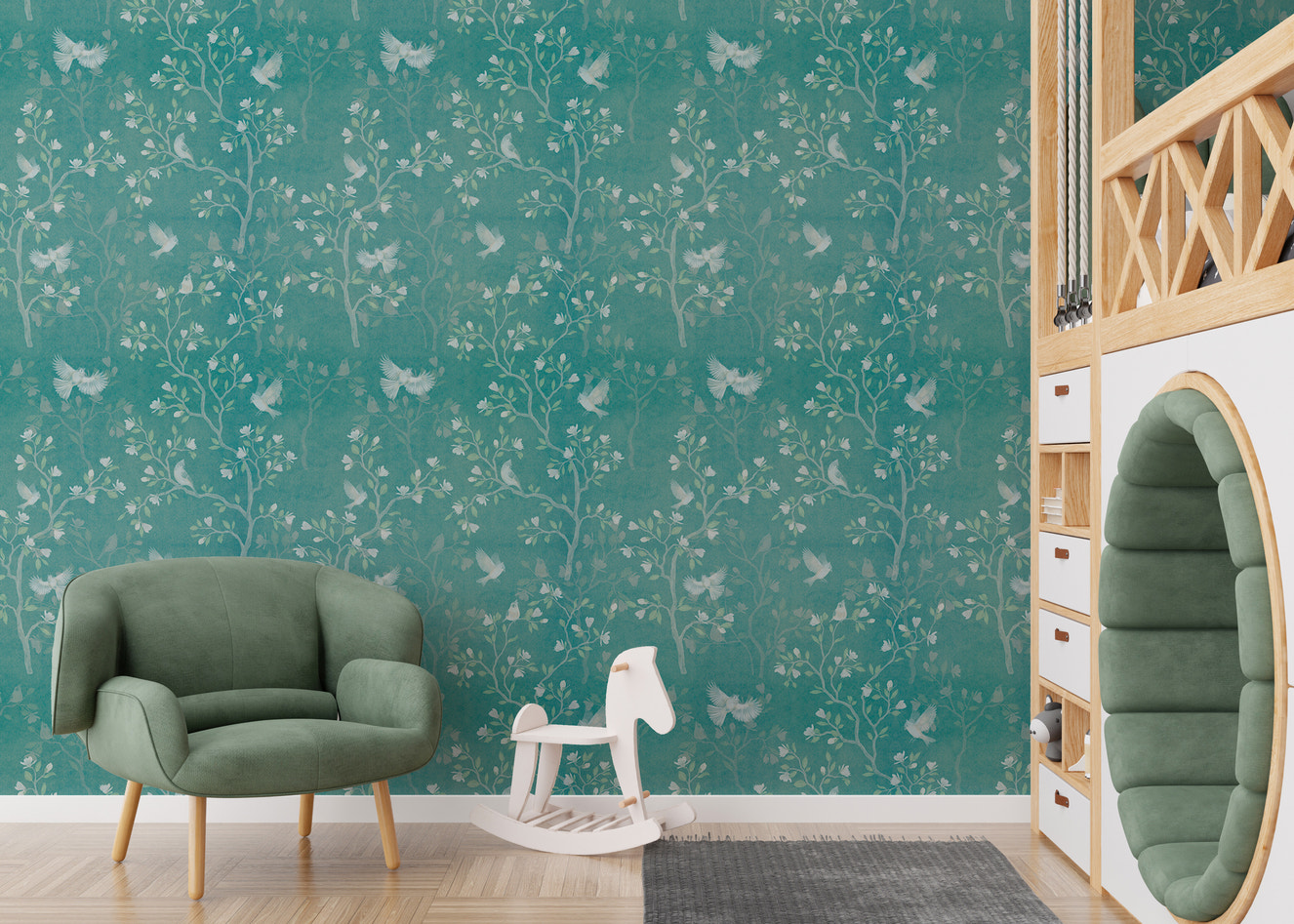 Turquoise Color Chinoiserie Magnolia Tree Birds Wallpaper