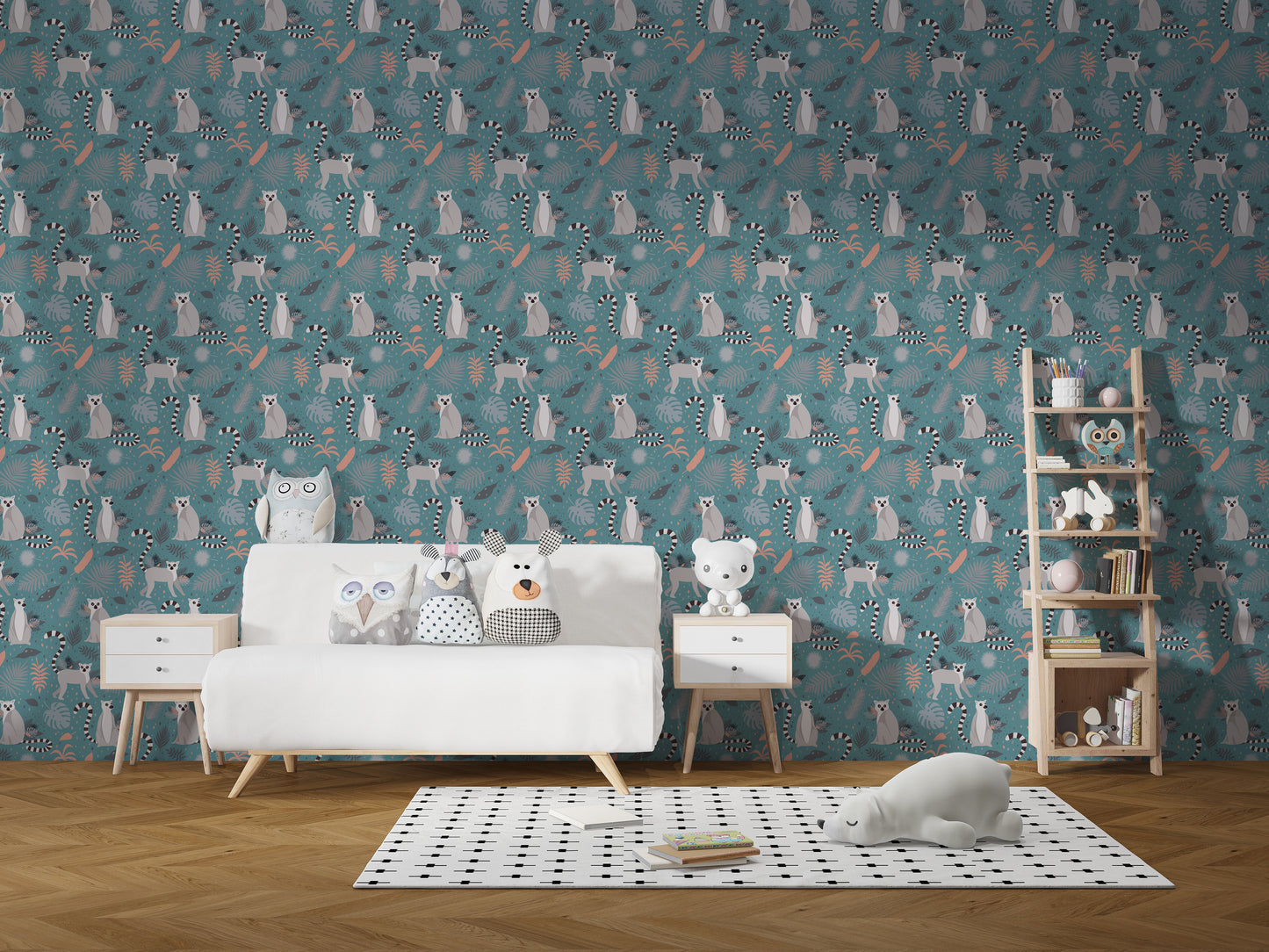 Lemur-inspired wallpaper with palm accents
