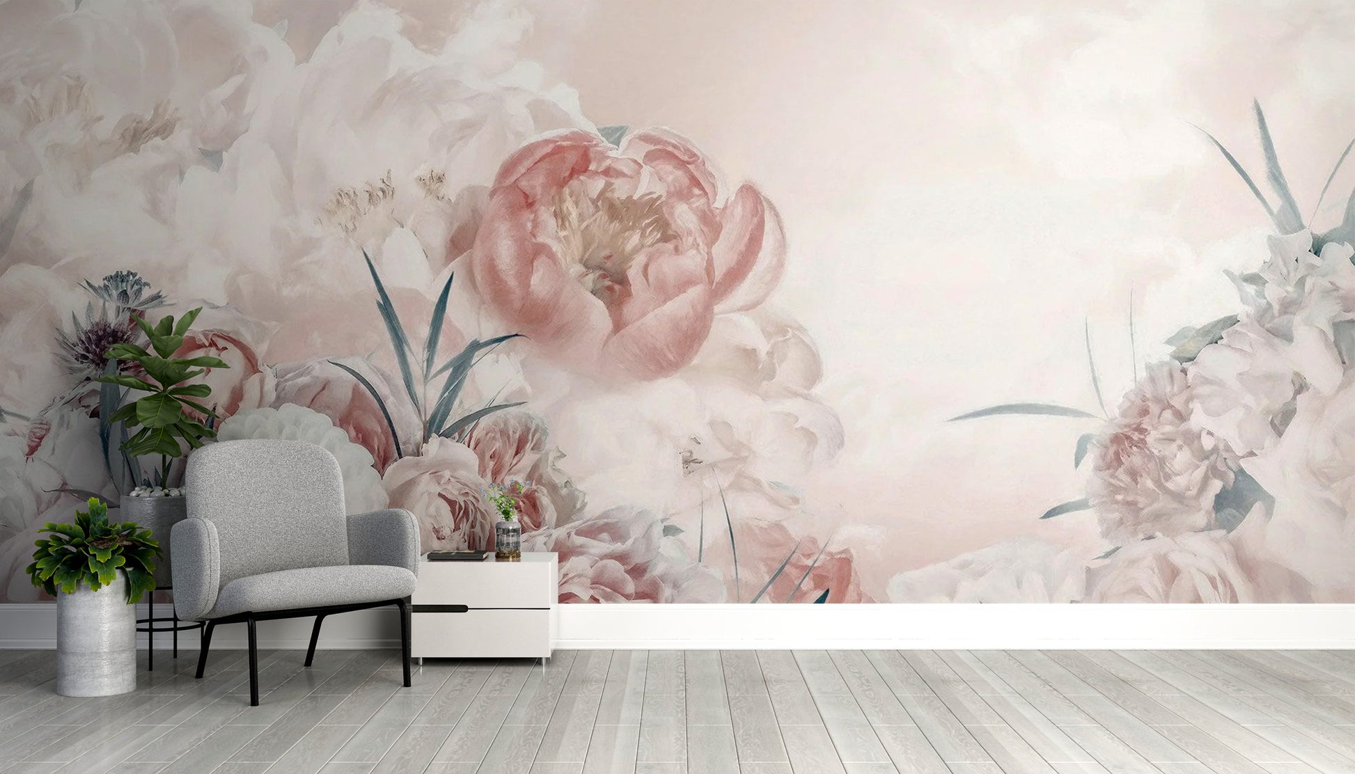 Lush pink and white flower mural for elegant decor
