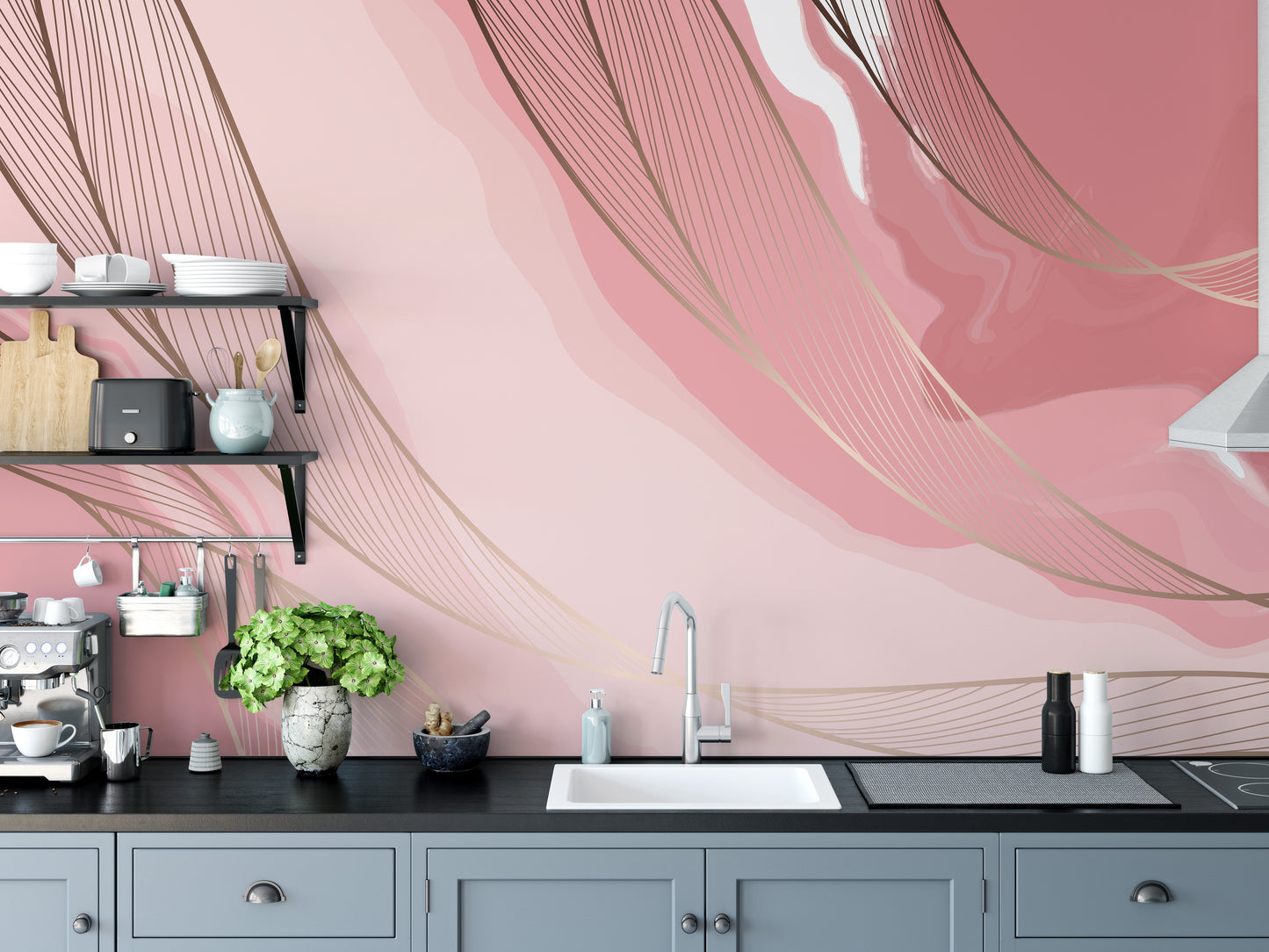 Opulent marble mural with blush tones
