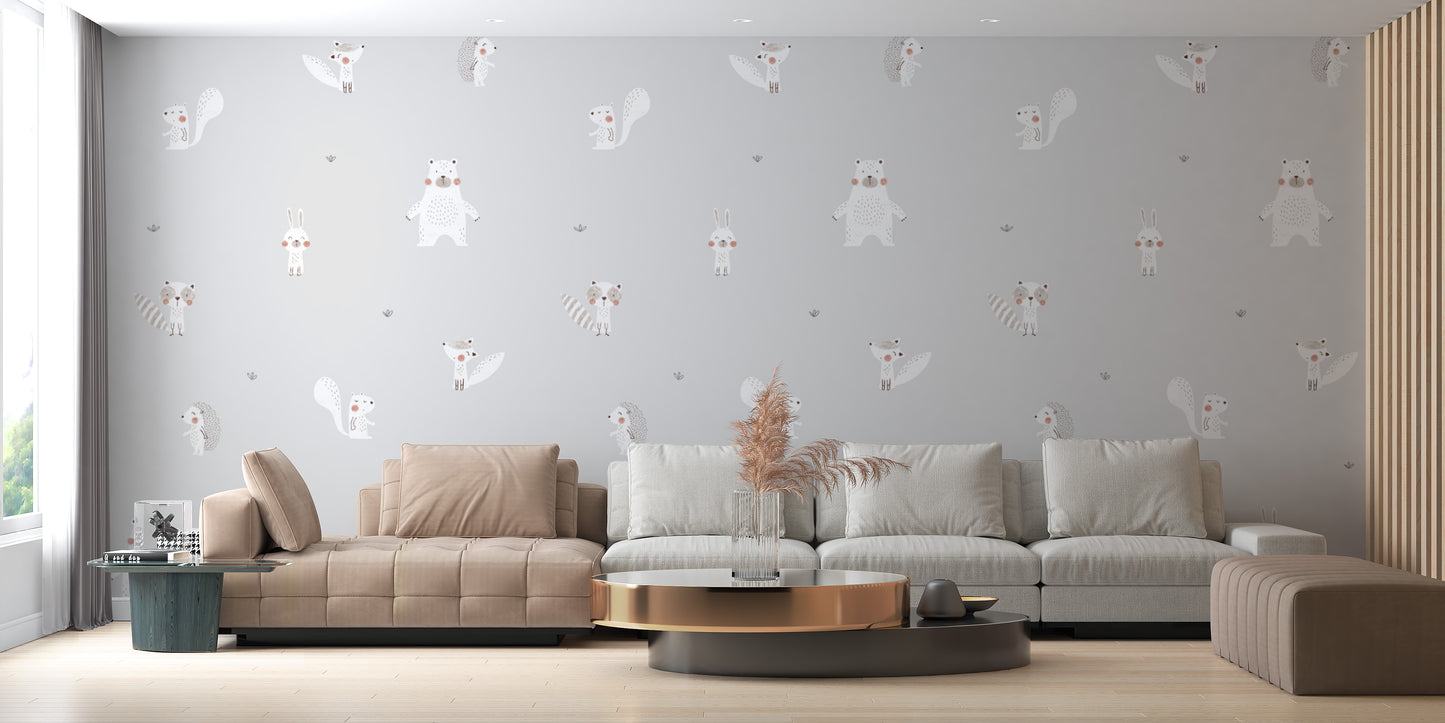 Gray Forest Animals Pattern Wallpaper