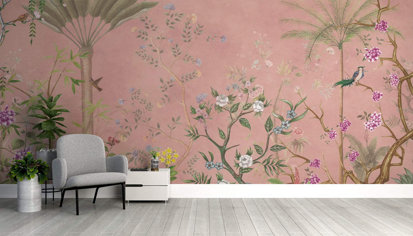 Pink tropical chinoiserie mural for elegant room design
