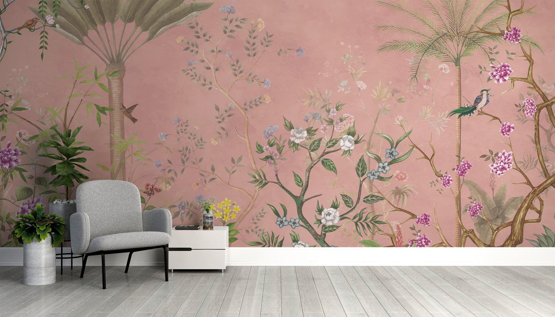 Pink tropical chinoiserie mural for elegant room design
