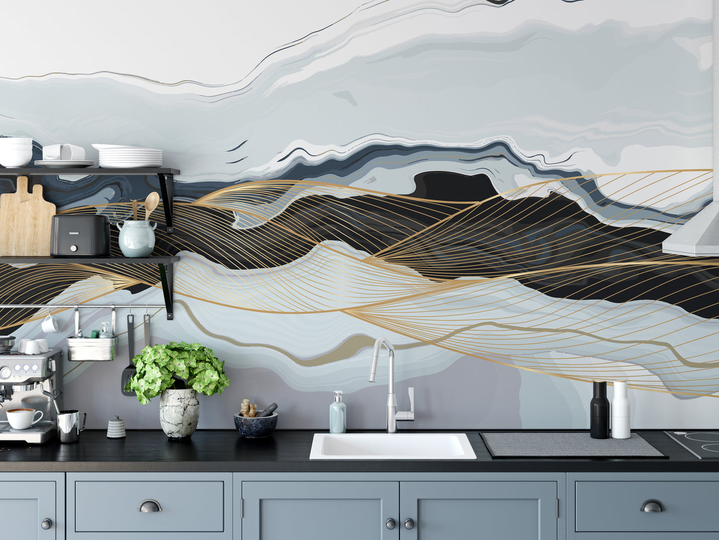 Unique blue gold marble mural artwork
