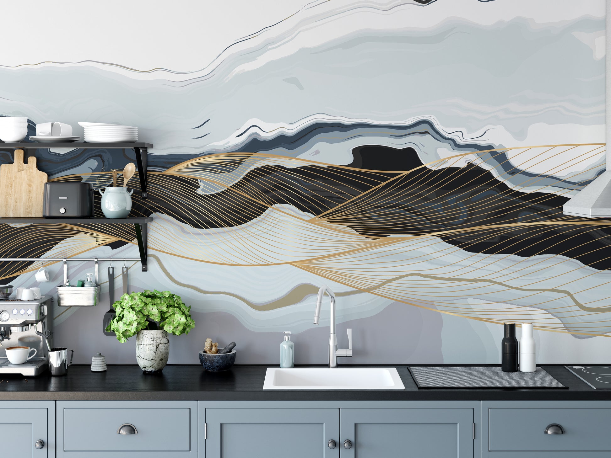 Unique blue gold marble mural artwork
