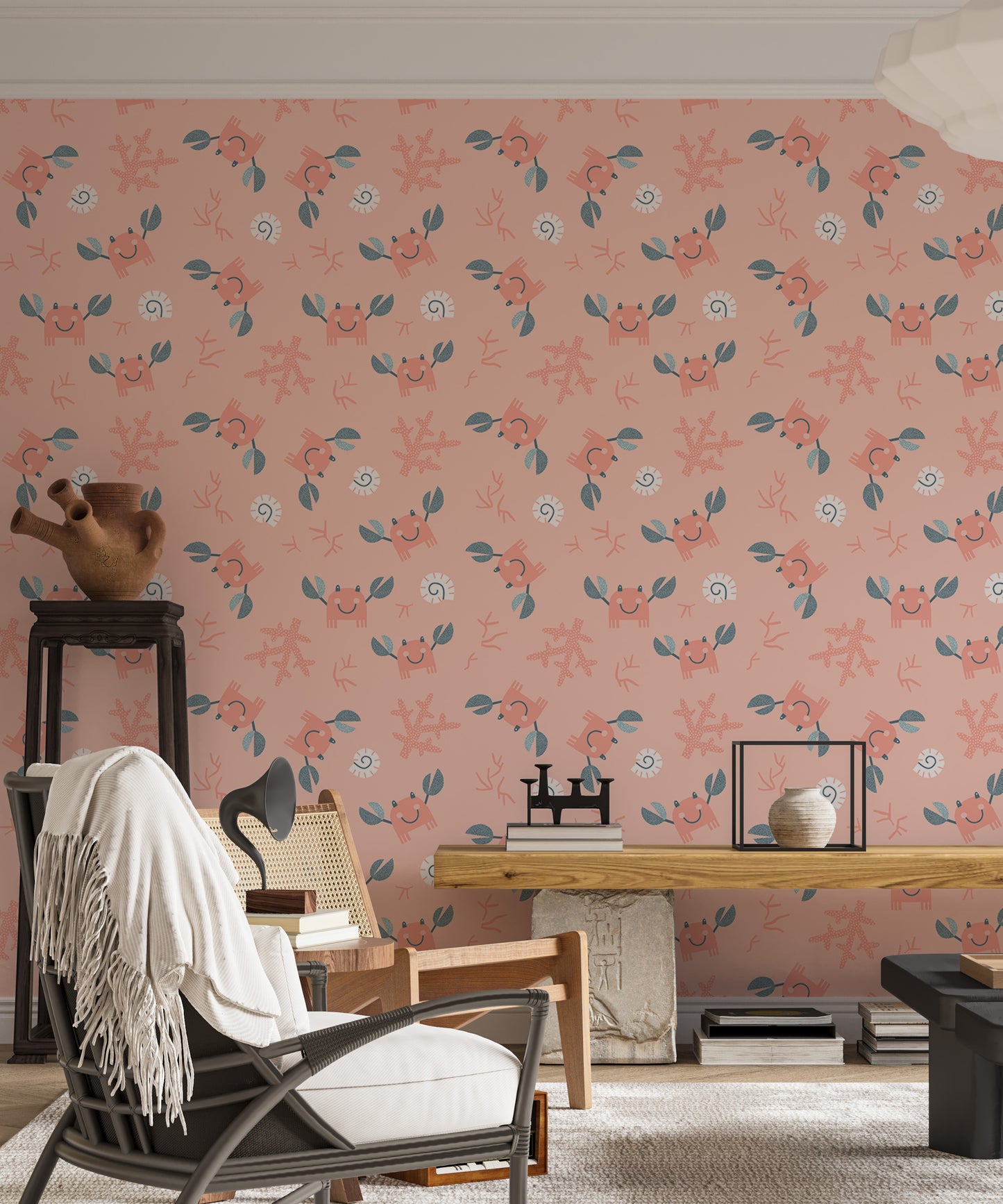 Cute Crab Sea Shells Pink Pastel Color Kids Room Wallpaper