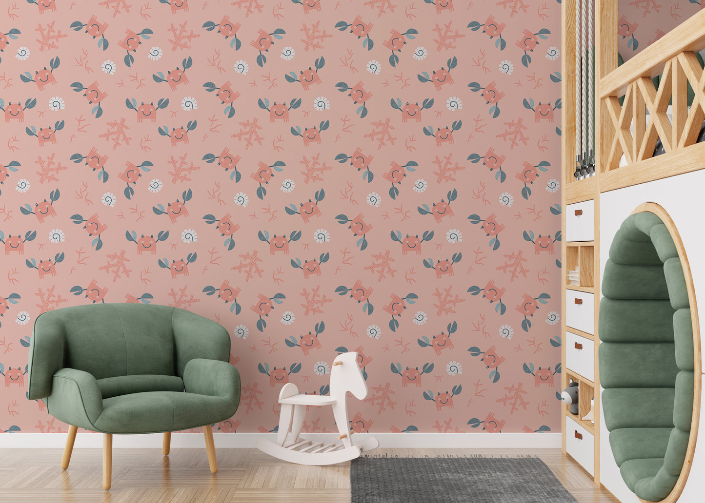 Cute Crab Sea Shells Pink Pastel Color Kids Room Wallpaper