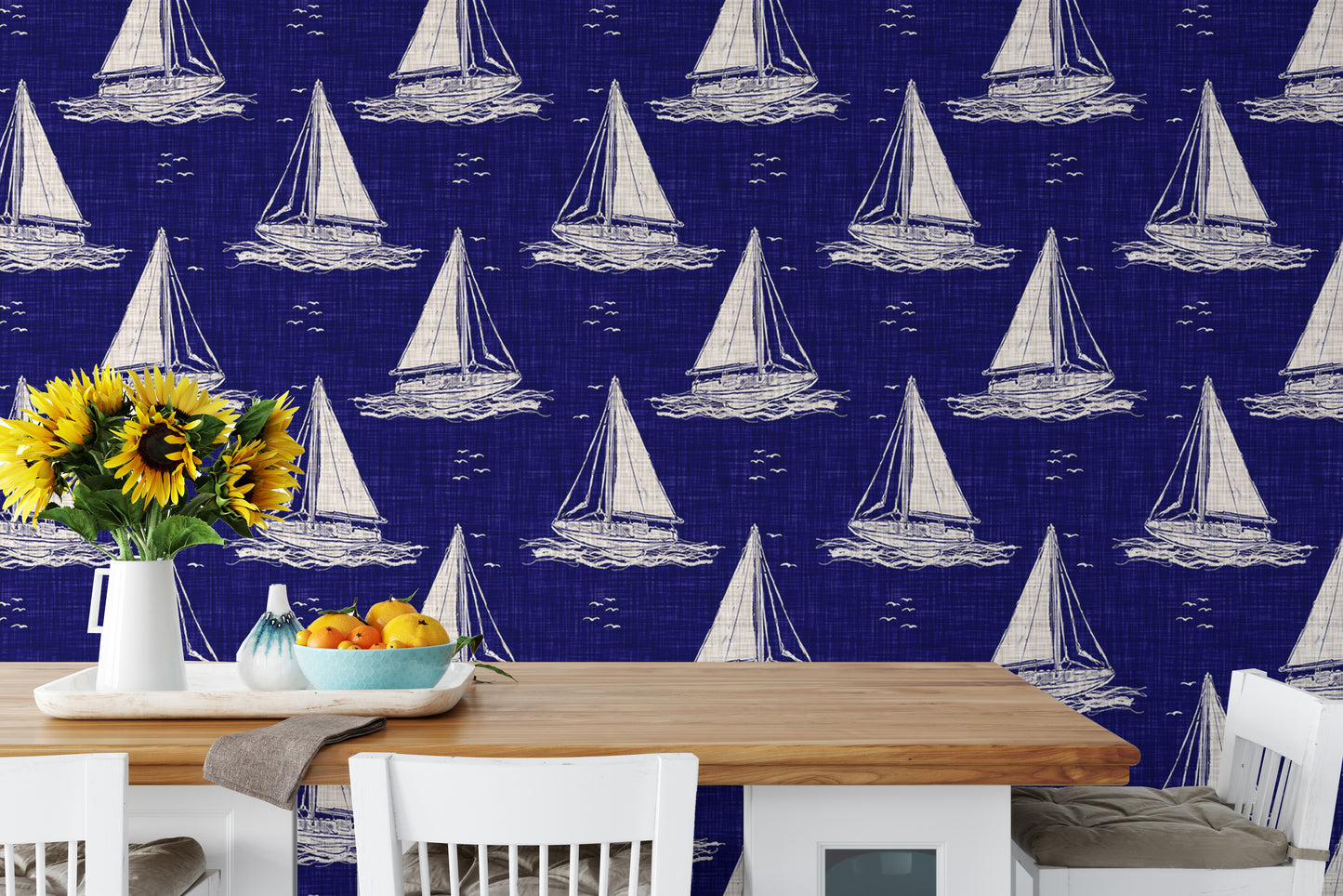 Blue and White Nautical Navy Sailing Boat Burlap Linen Wallpaper