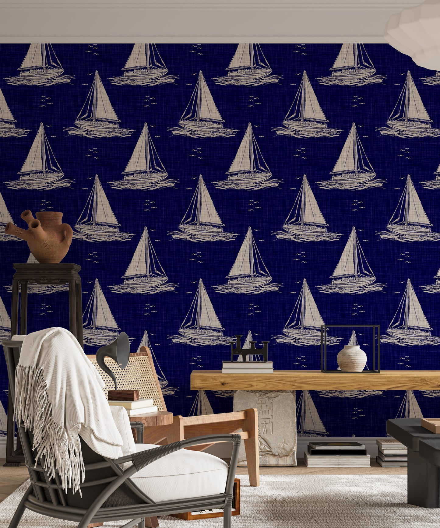 Blue and White Nautical Navy Sailing Boat Burlap Linen Wallpaper