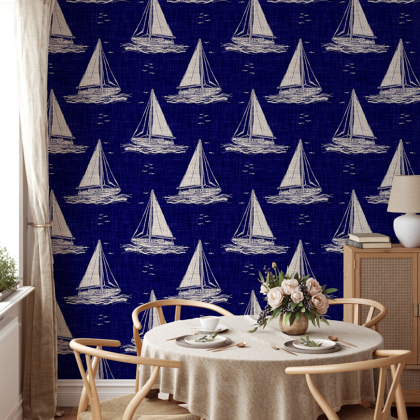 Blue and White Nautical Navy Sailing Boat Burlap Linen Wallpaper