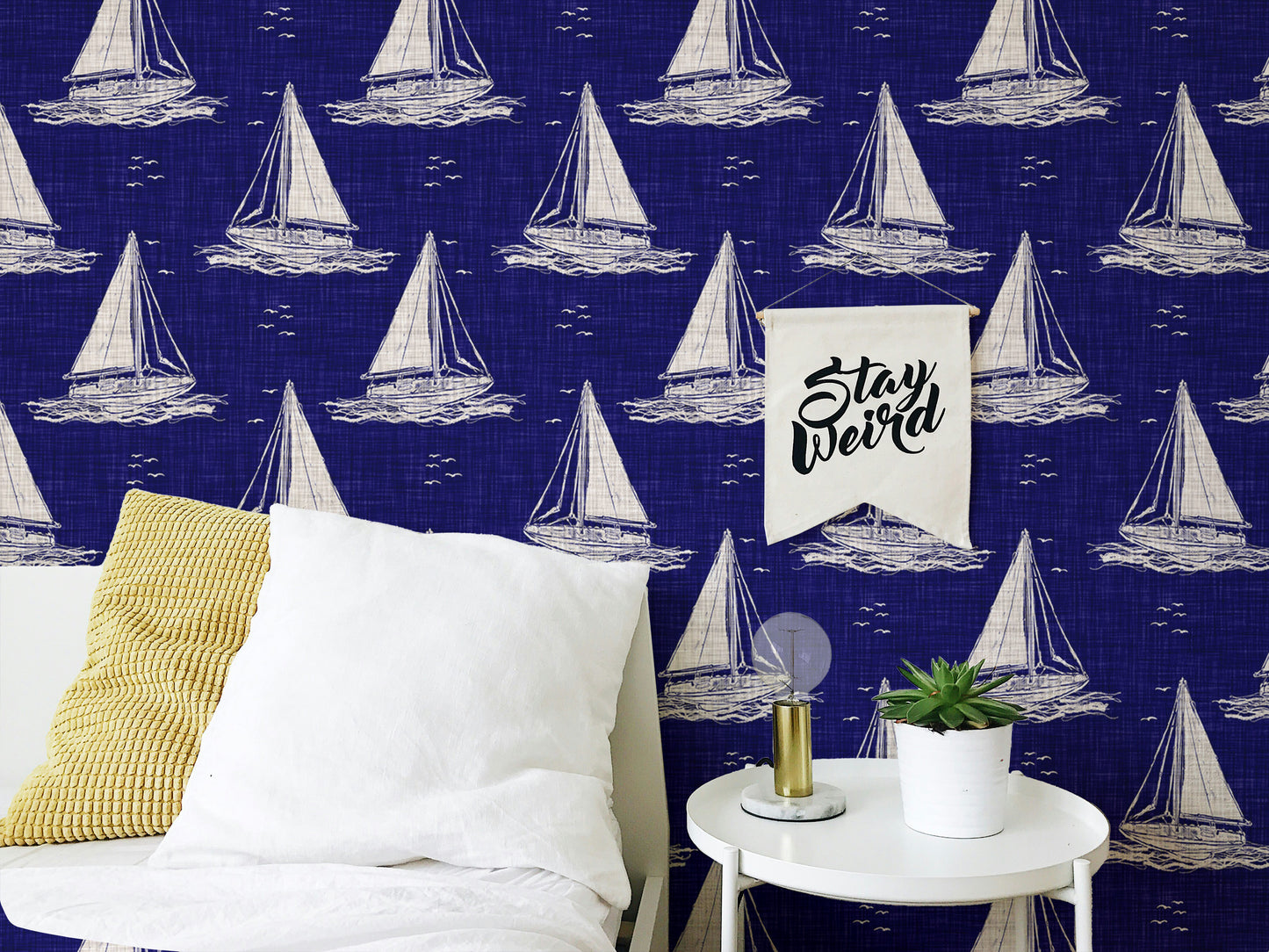 Blue and White Nautical Navy Sailing Boat Burlap Linen Wallpaper