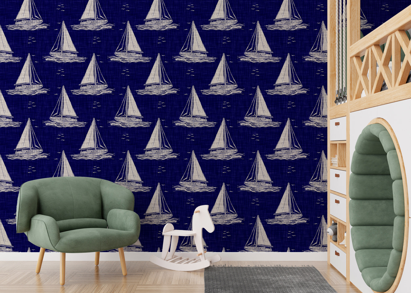 Blue and White Nautical Navy Sailing Boat Burlap Linen Wallpaper