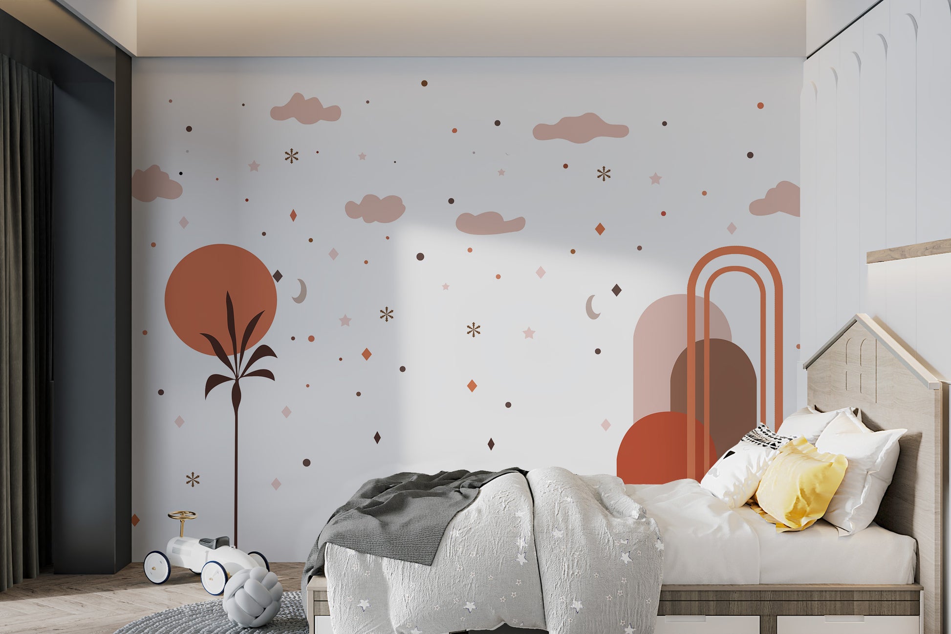 Skyscape mural with clouds and stars for children