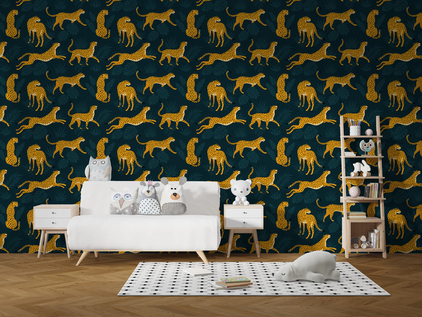 Vibrant yellow leopard wallpaper mural design
