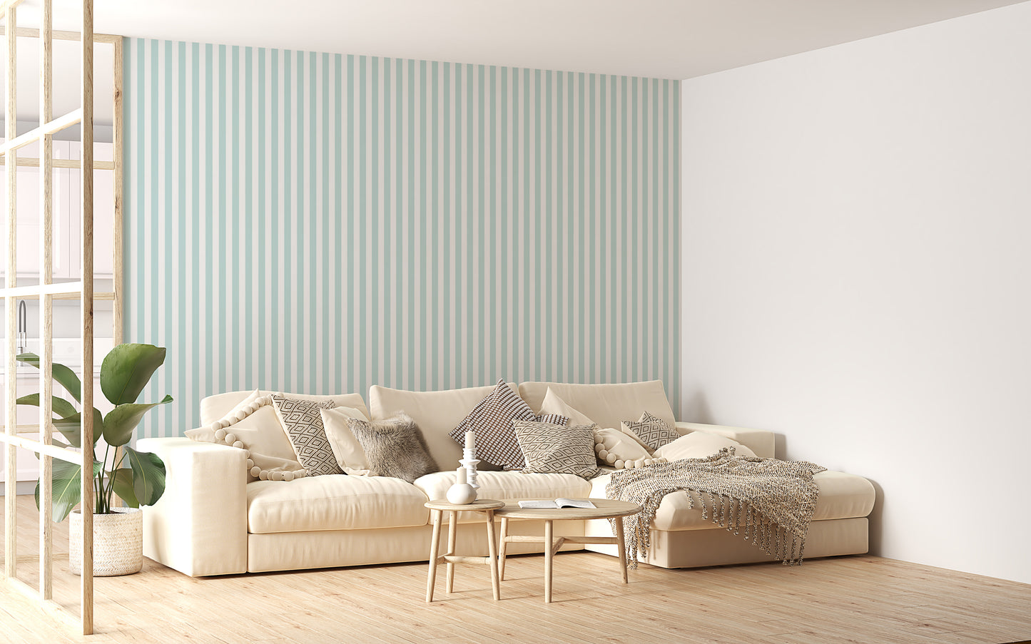 Preppy Wide Vertical Stripe Turquoise and White Color Wallpaper