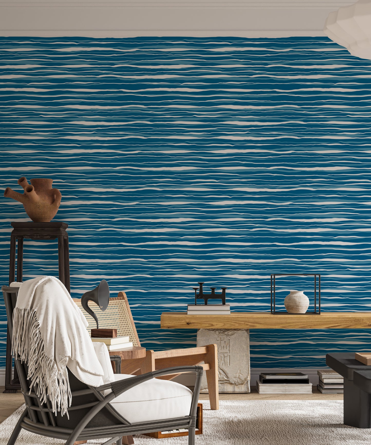 Vector Blue Ocean Waves Hand Drawn Water Stripes Tile Wallpaper