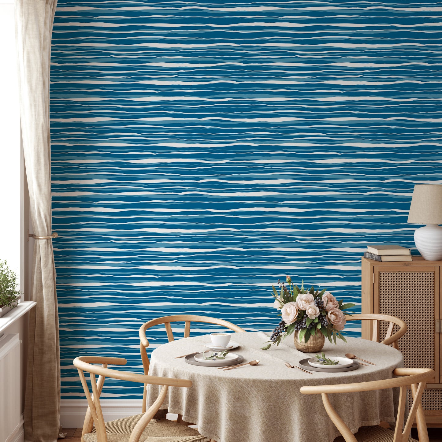 Vector Blue Ocean Waves Hand Drawn Water Stripes Tile Wallpaper