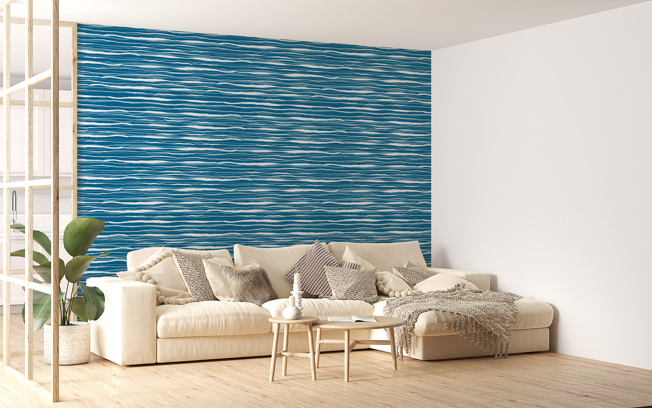 Vector Blue Ocean Waves Hand Drawn Water Stripes Tile Wallpaper