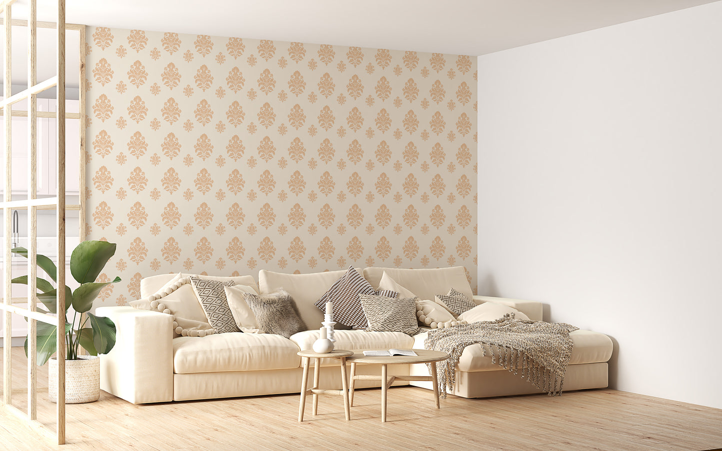 Beige Classical Damask Repeat Pattern Wallpaper