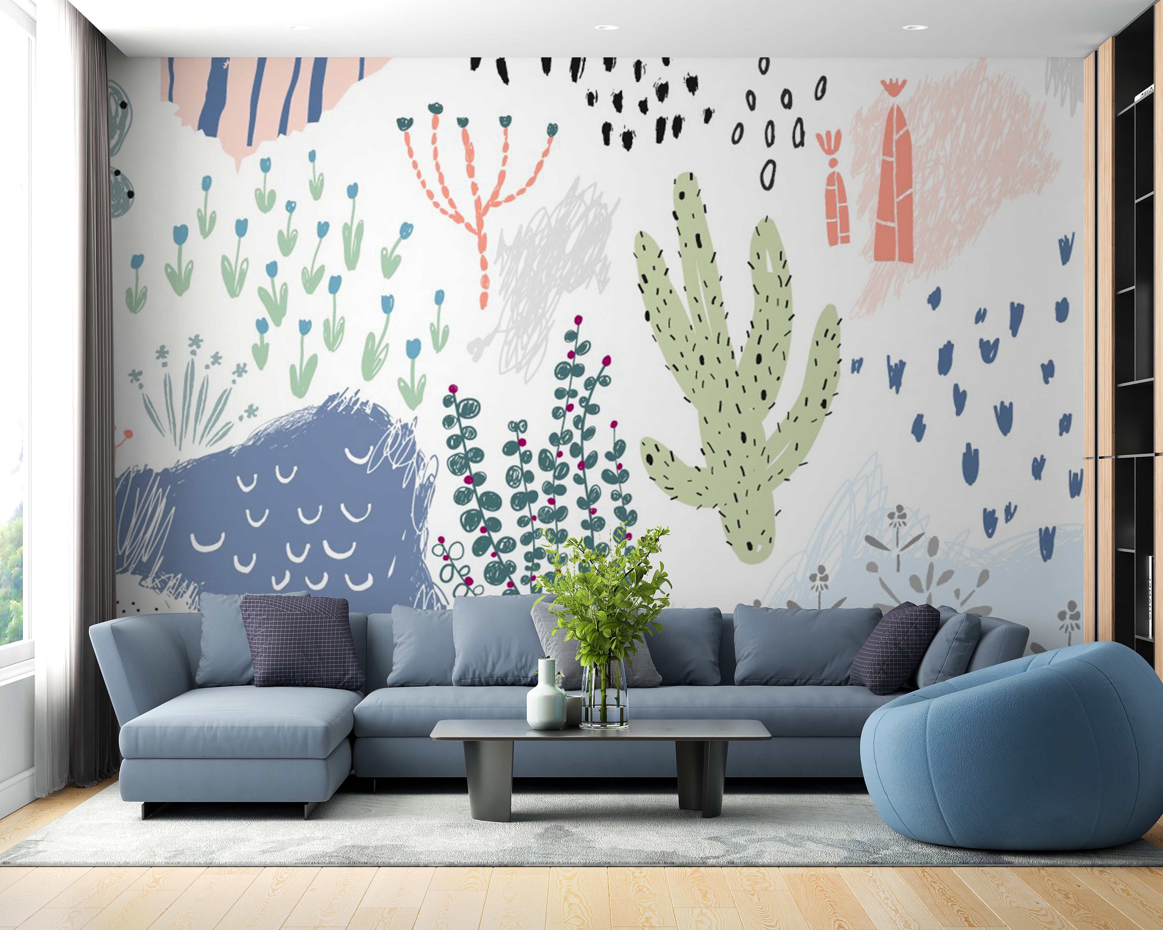 Botanical garden-inspired wall mural with artistic patterns