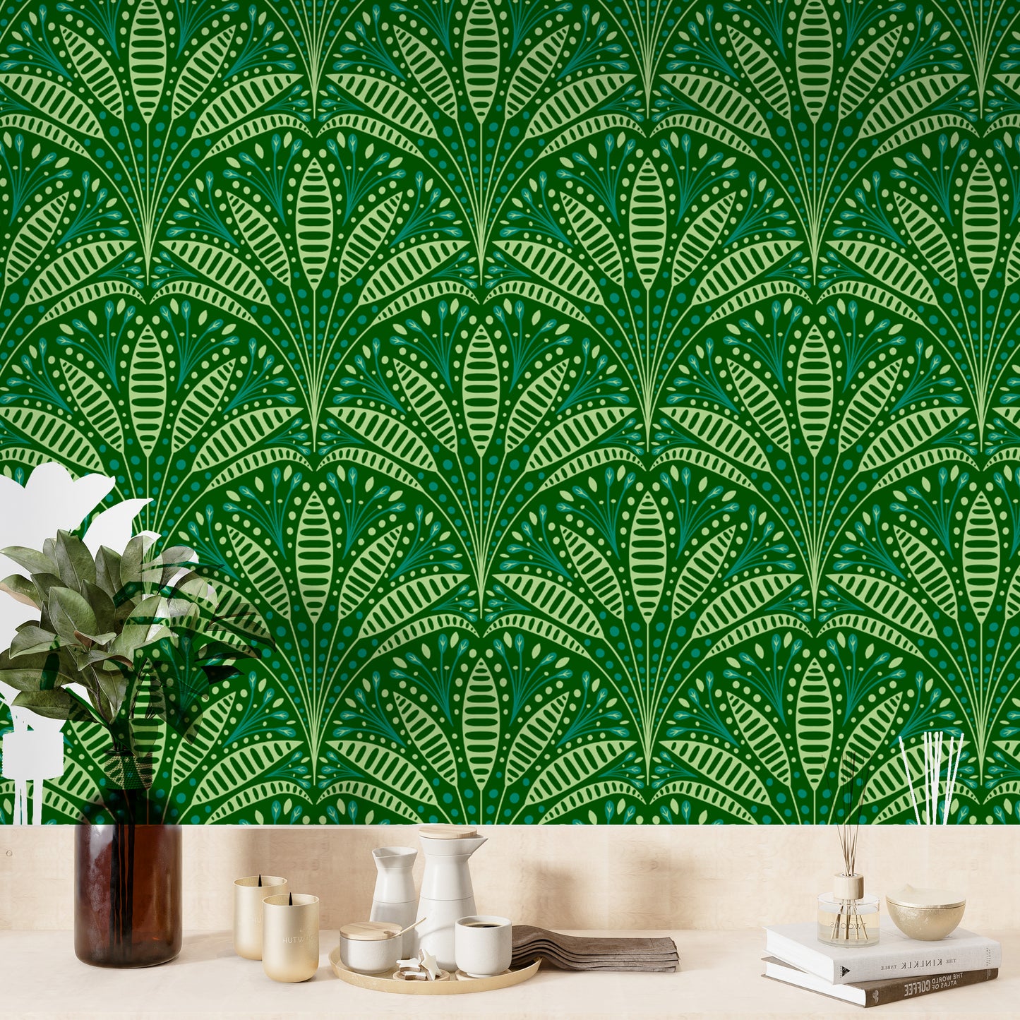 Green palm design wallpaper for an Art Deco-inspired space
