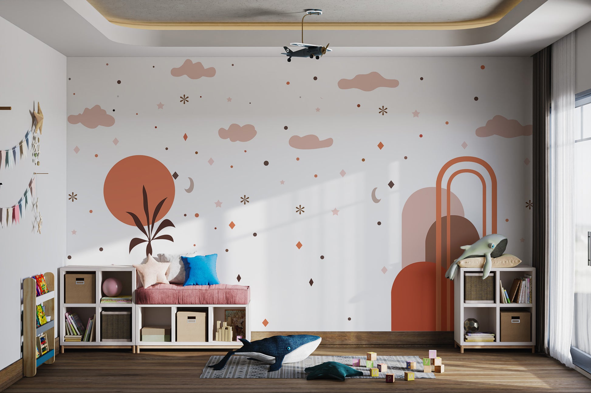 Dreamy skyscape mural for kids' serene bedrooms