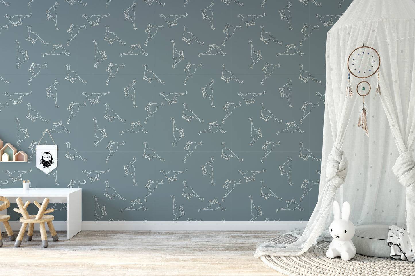 Minimal dinosaur wallpaper mural with treasures
