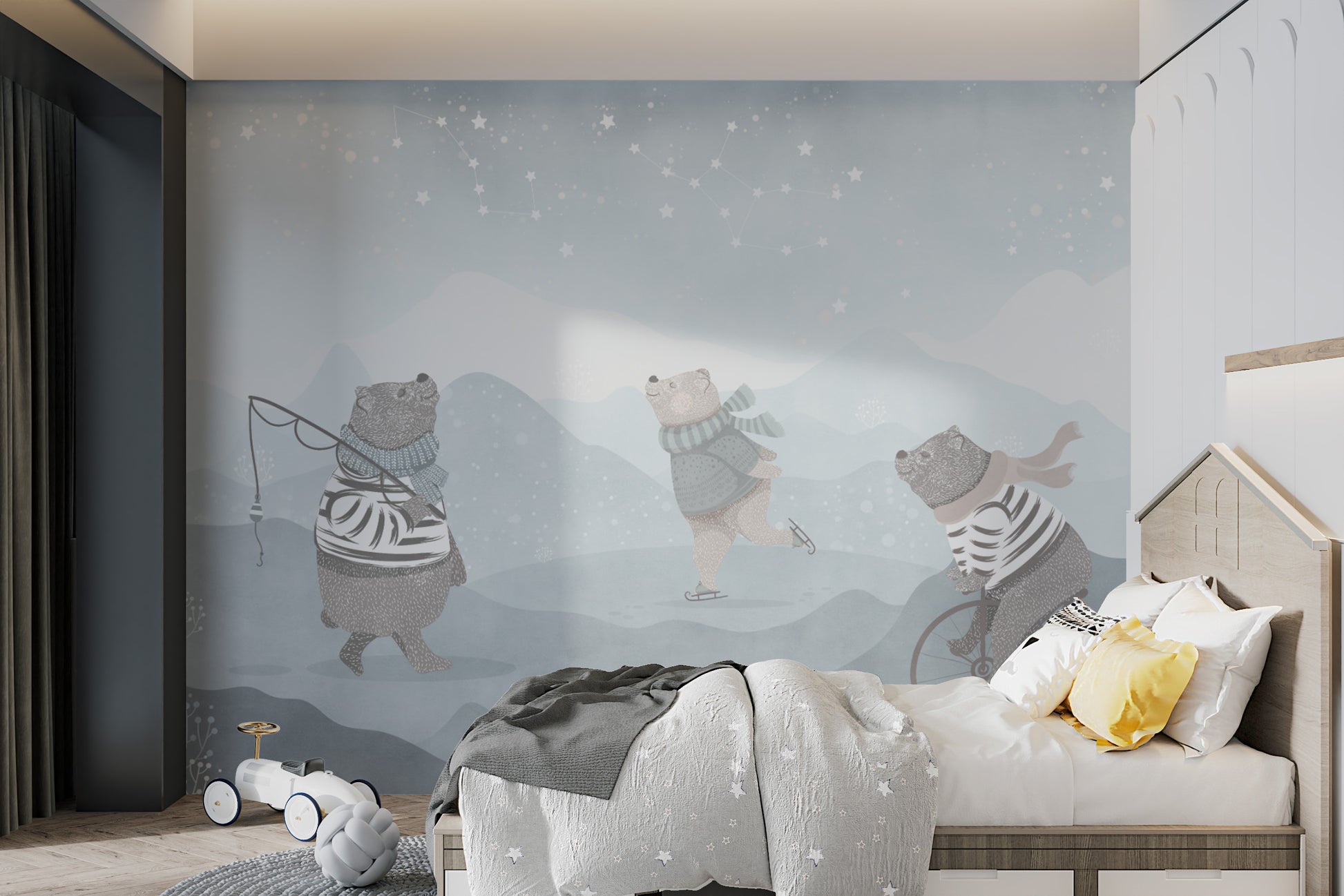 Dreamy night sky mural with cuddly bears for rooms