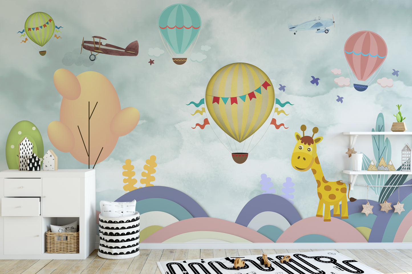 Playful cartoon animals and balloons mural.
