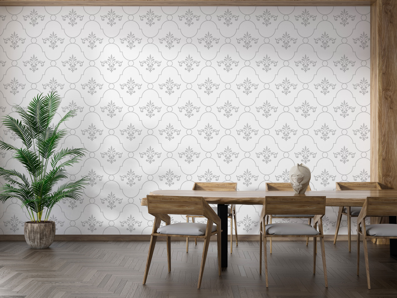 White and Grey Color Vintage Look Damask Wallpaper