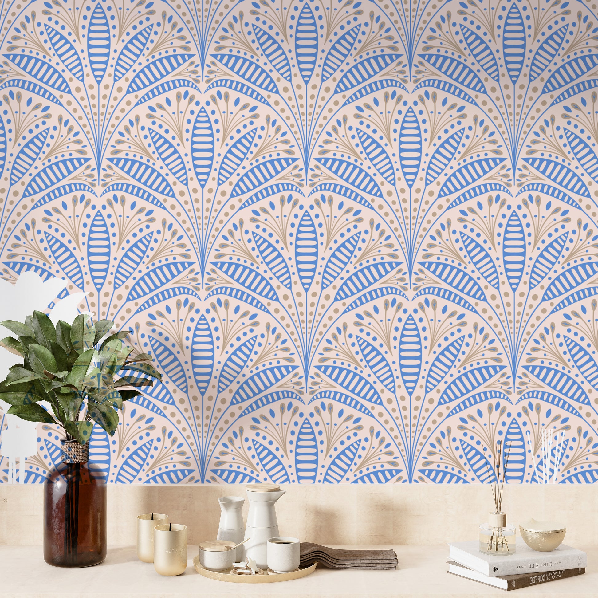 Unique Art Deco blue palm wallpaper for chic wall decor