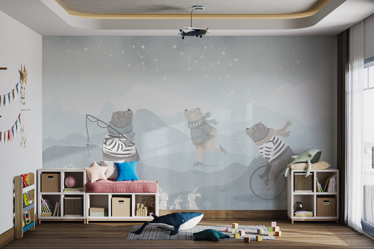 Whimsical mural with bears and a starry night sky