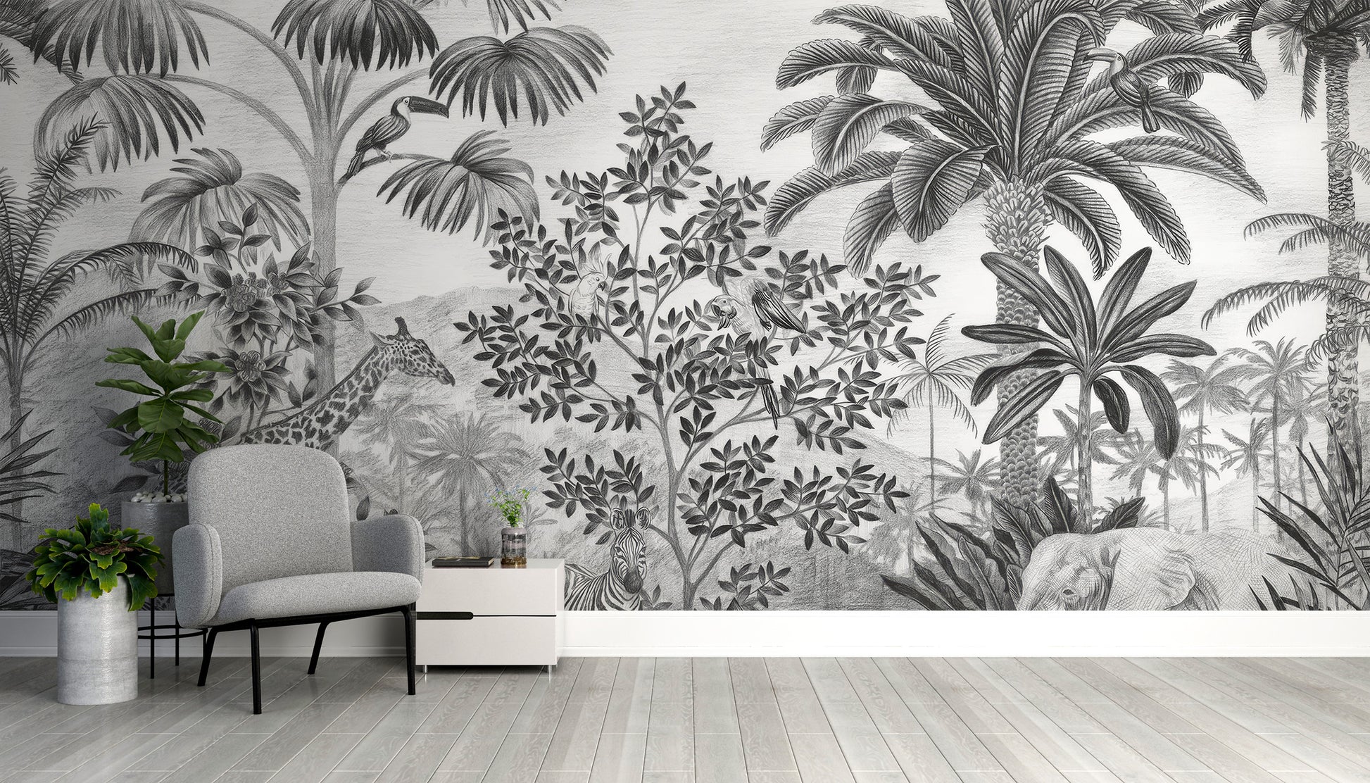 Monochrome safari wallpaper with tropical charm for walls
