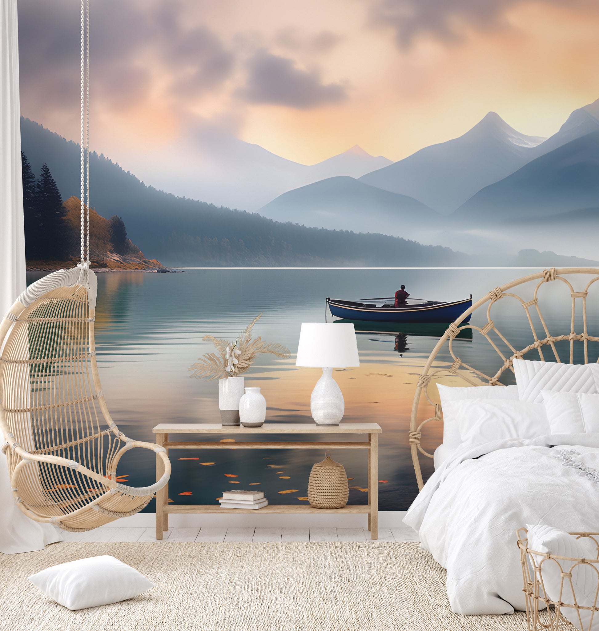 Nature-inspired misty lake wall decor
