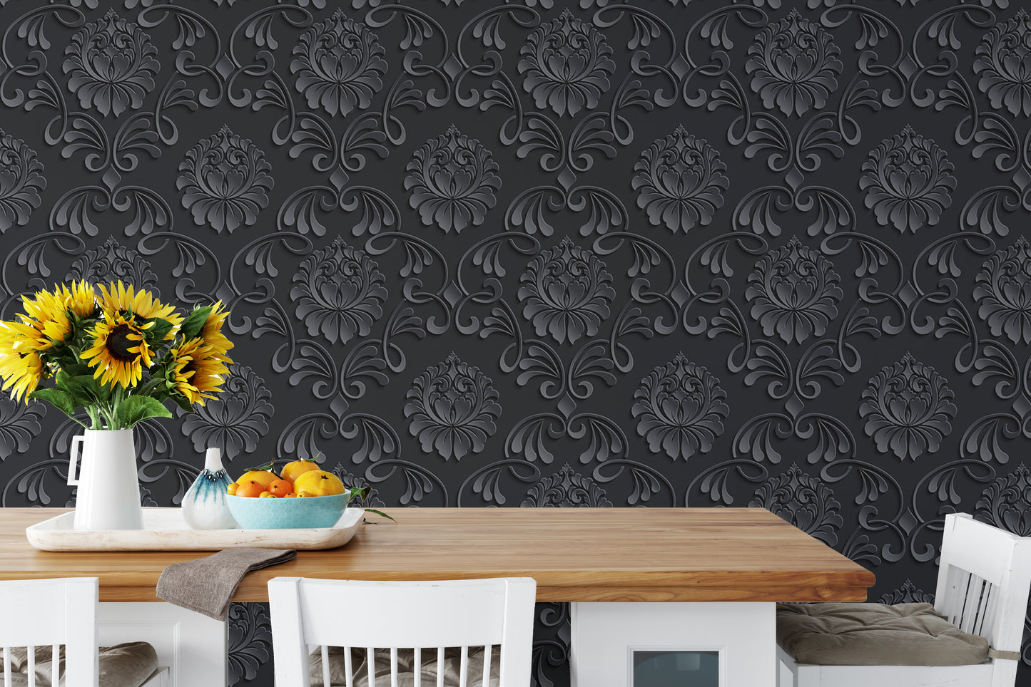 Black Color Abstract Pattern Damask Livingroom Wallpaper