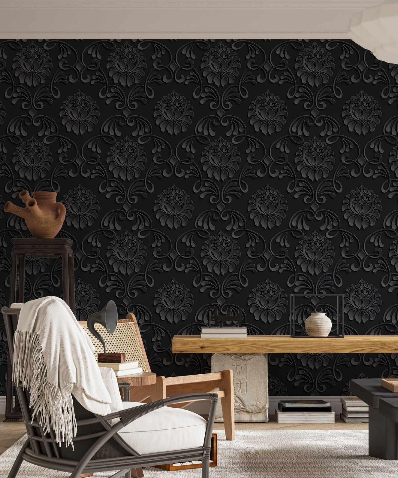 Black Color Abstract Pattern Damask Livingroom Wallpaper