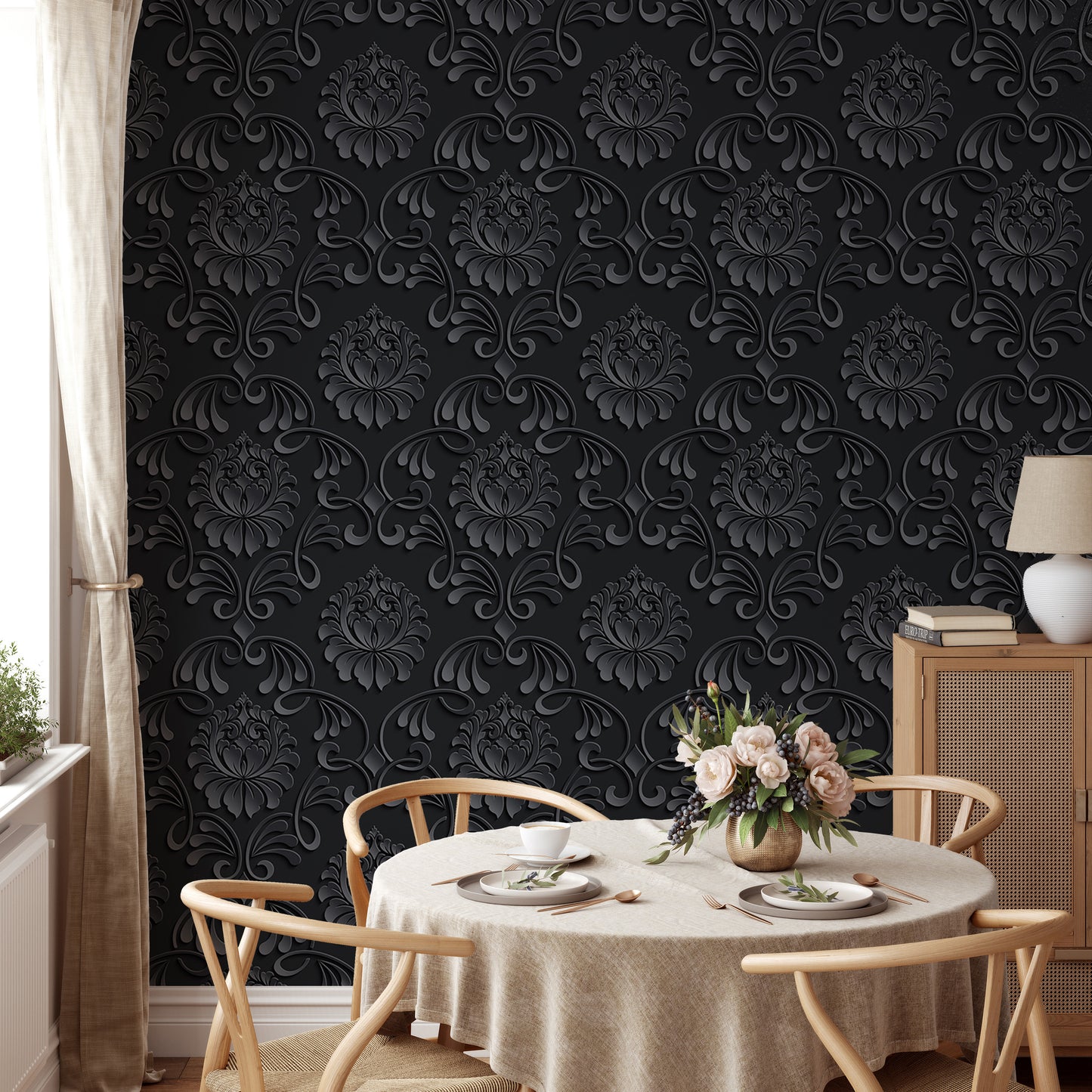 Black Color Abstract Pattern Damask Livingroom Wallpaper