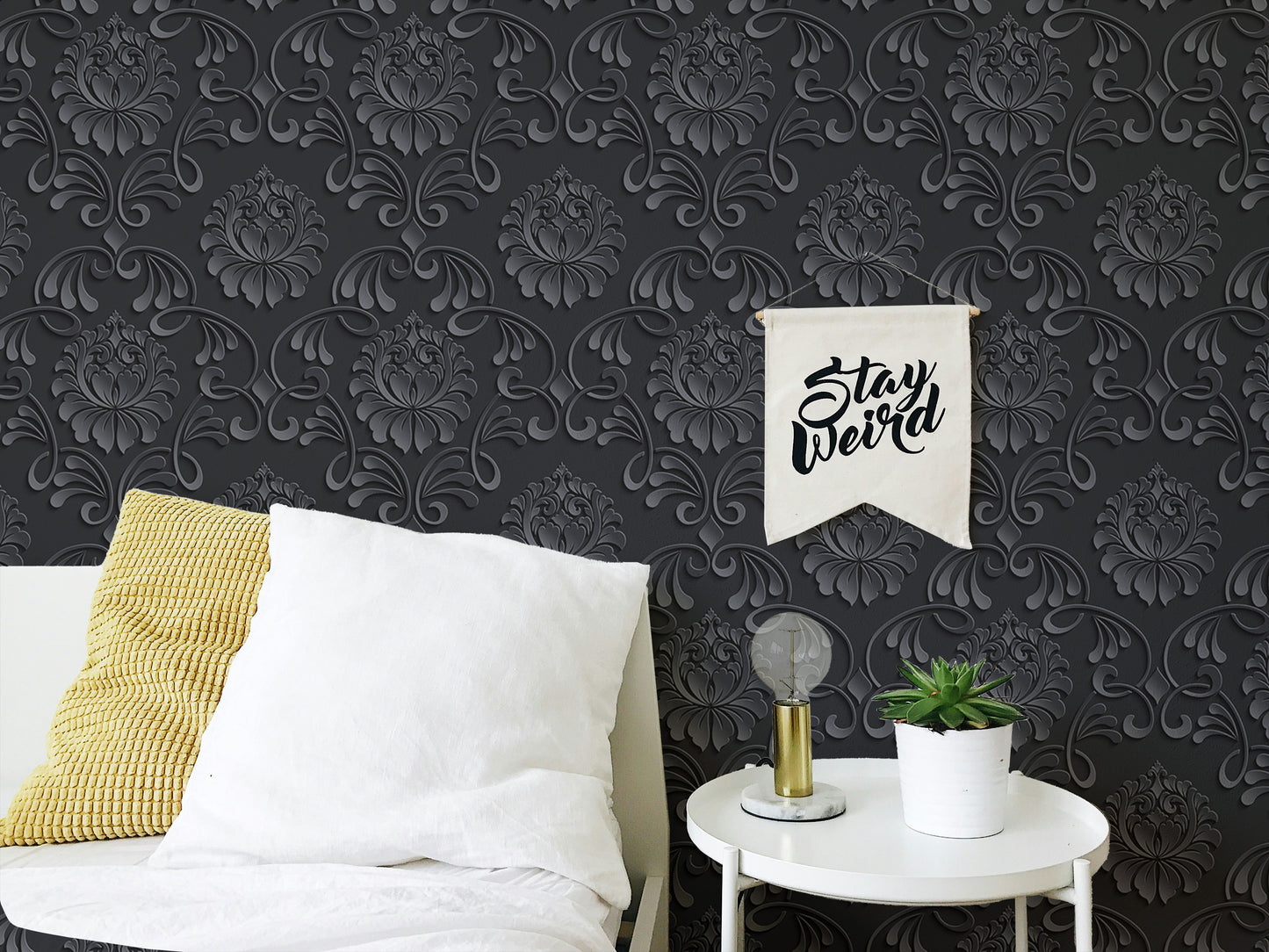 Black Color Abstract Pattern Damask Livingroom Wallpaper