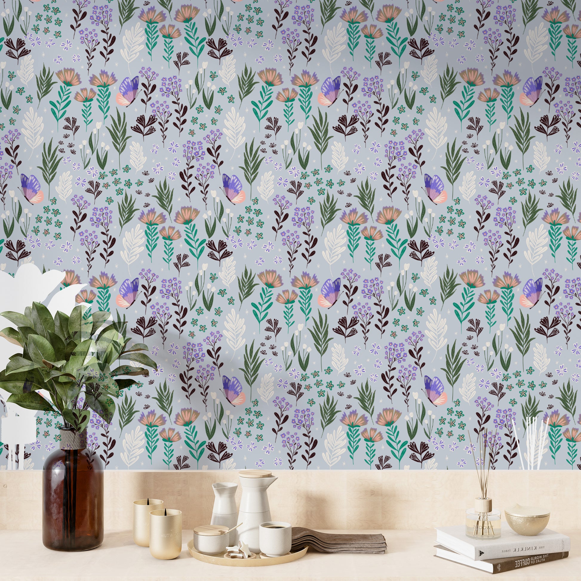 Peaceful butterfly meadow wallpaper in soothing purple hues



