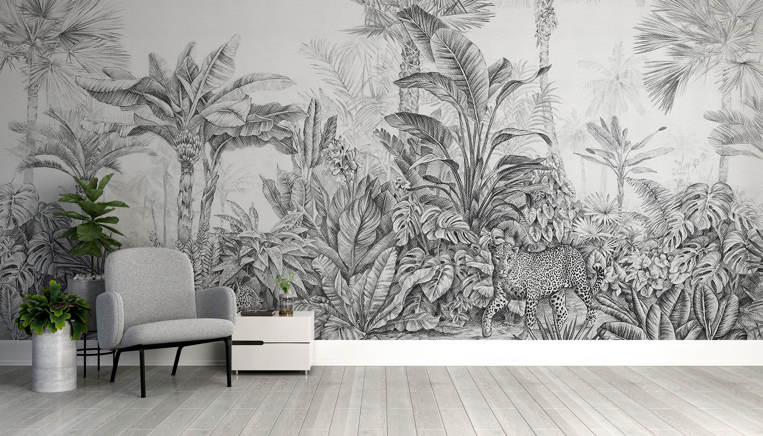 Grey leopard jungle mural for nature-inspired interiors
