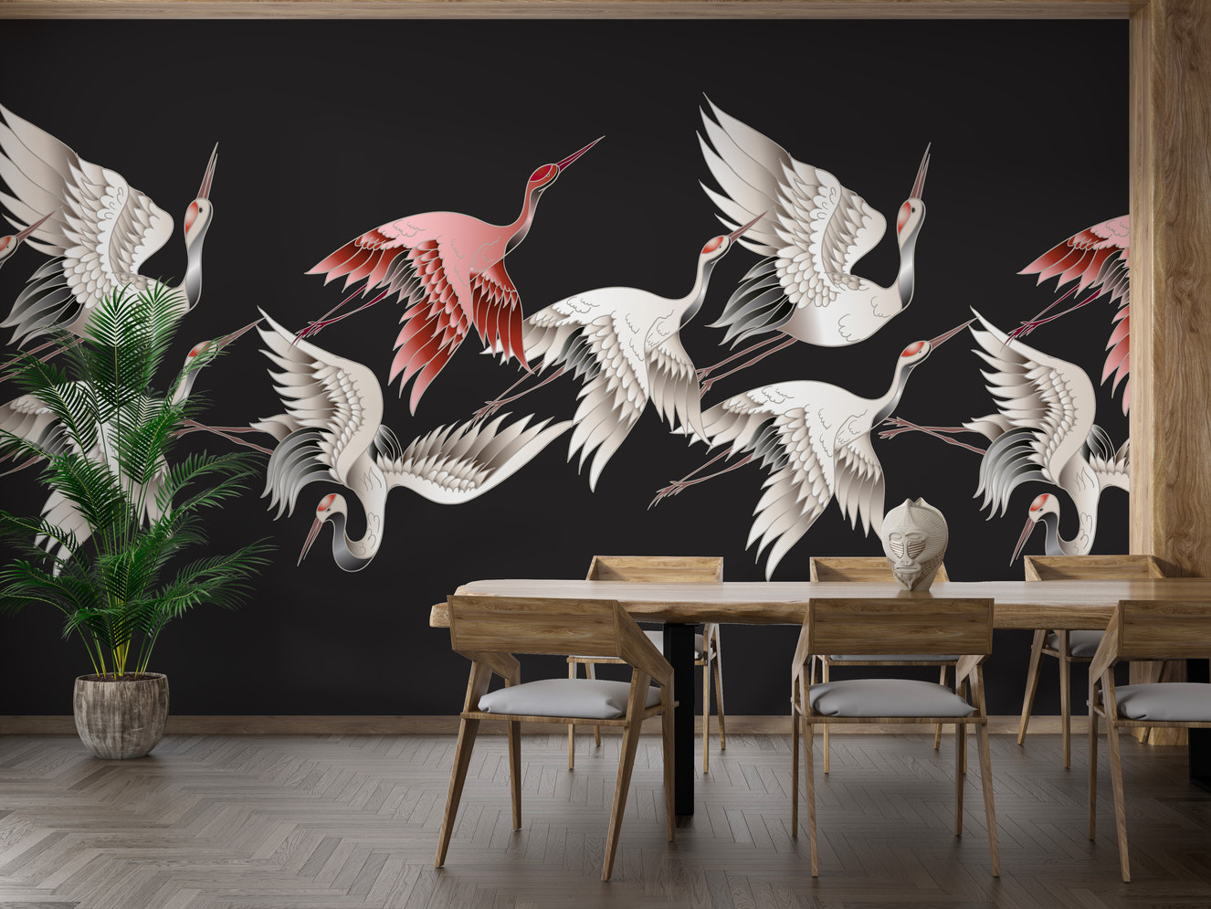 Elegant cranes soar in stunning mural wallpaper
