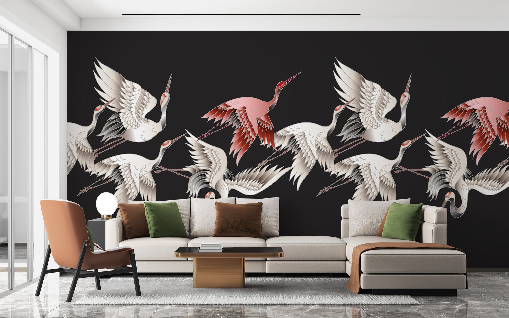 Graceful flying cranes in a wall mural design
